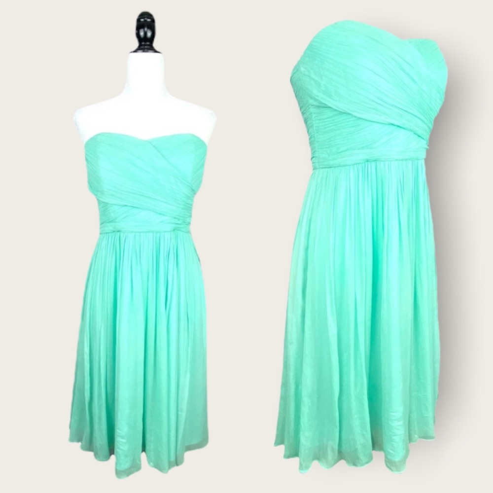 🆕 NWT J. Crew Pleated Fit + Flare Mint Chiffon Strapless Sweetheart Silk Dress